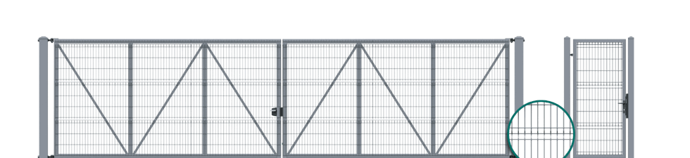 Dvojkrídlová brána s výplňou mřížovaného panelu VEGA B, priskrutkovanú ku konštrukcii. Bránka s výplňou mřížovaného panelu VEGA B, priskrutkovanú ku konštrukcii.
