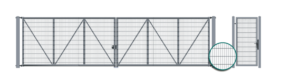 Dvojkrídlová brána s výplňou mřížovaného panelu VEGA 2D Super, priskrutkovanú ku konštrukcii. Bránka s výplňou mřížovaného panelu VEGA 2D Super, priskrutkovanú ku konštrukcii.

