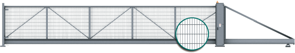 Posuvná brána PI 200 s výplňou mrežového panelu VEGA 2D Super, priskrutkovanú ku konštrukcii - obraz zo strany pozemku
