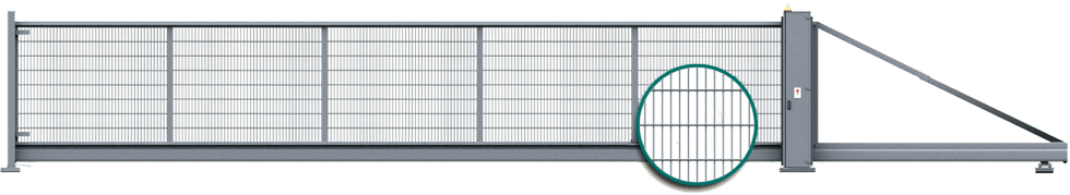 Posuvná brána PI 200 s výplňou mrežového panelu VEGA 2D Super, privarený ku konštrukcii - obraz zo strany pozemku
