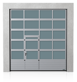 Sekčné priemyselné garážové brány s dolným oceľovým panelom a s posunutými priechodnými dverami
