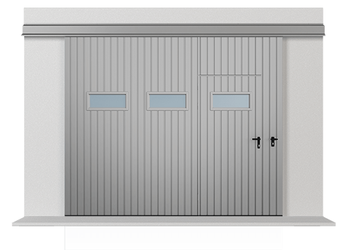 Jednokrídlové závesná posuvné vráta vyplnená plechom T-10, systém výplne zvislý, brány s priechodnými dverami a okienkami vo vodorovnom systéme
