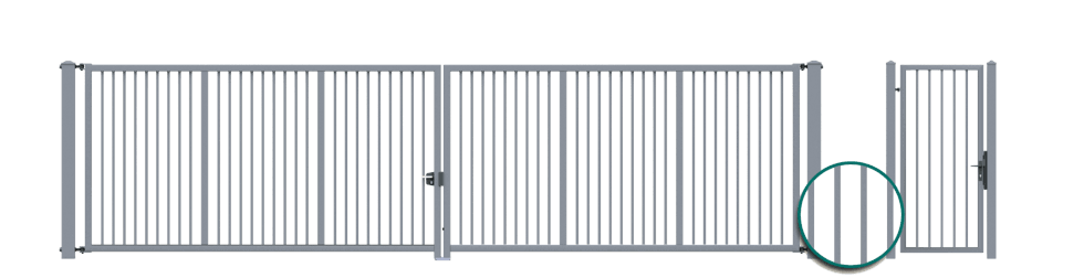 Dvojkrídlová brána s výplňou uzavretým profilom 25 × 25 mm, privarenou ku konštrukcii. Bránka s výplňou uzavretým profilom 25 × 25 mm, privarenou ku konštrukcii.