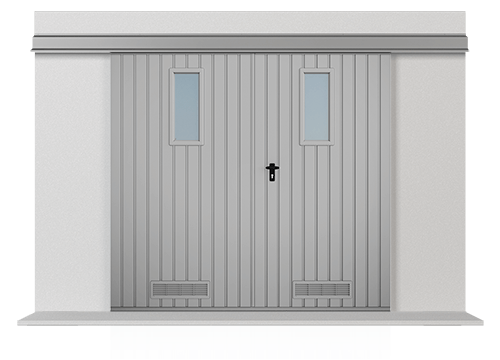 Brány s okienkami v zvislom systéme a ventilačnou mriežkou