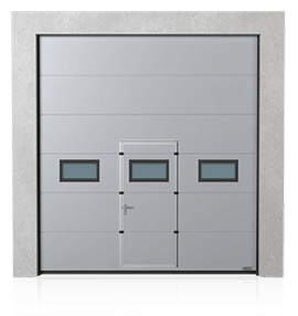 Sekčná priemyselná brána s priechodnými dverami a okienkami A-2