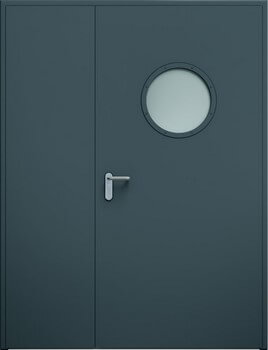 Dvojkrídlové dvere ECO nesymetrické, okrúhle okienko | RAL 7016
